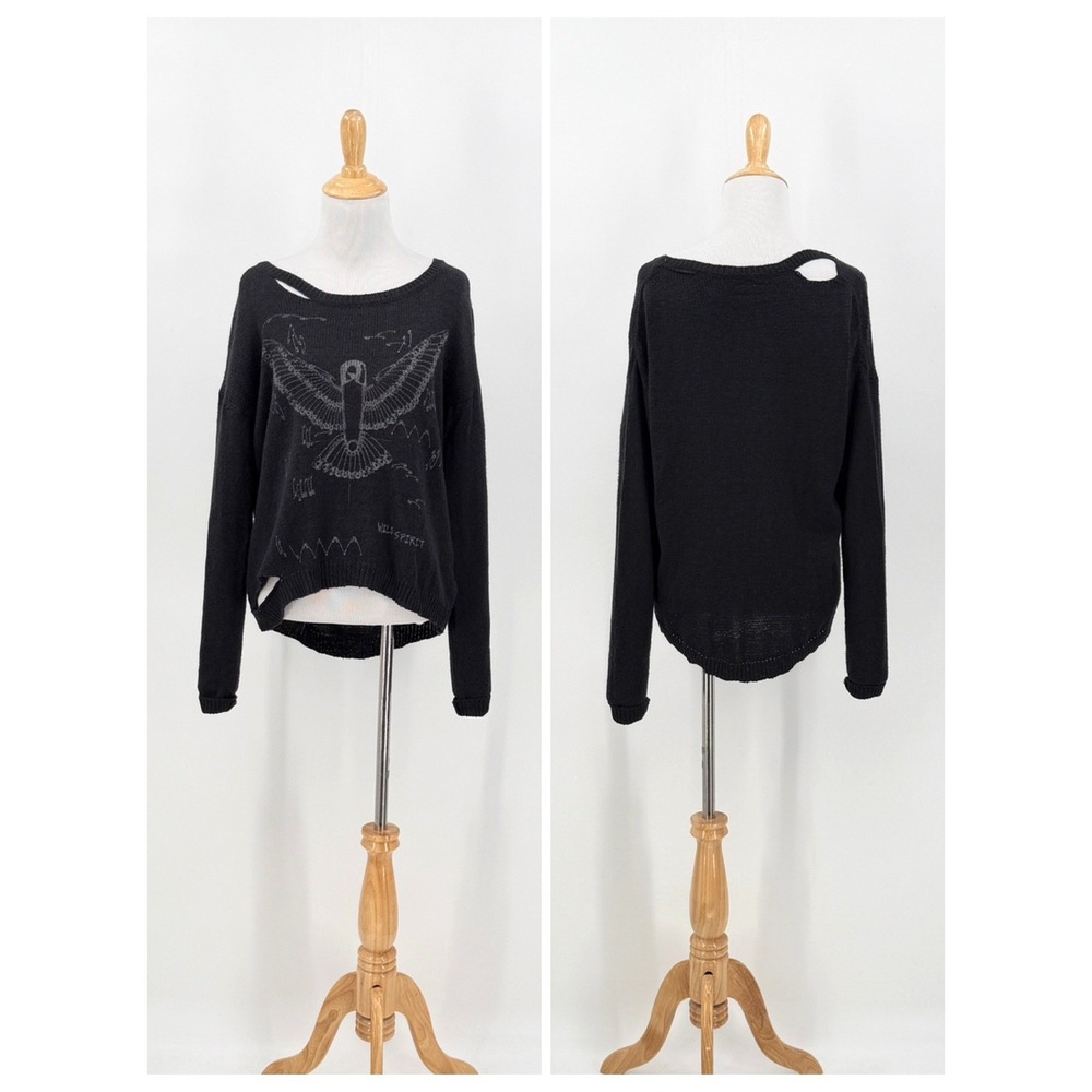 Lauren Moshi Sweater Women Extra Small Black Wild Spirit Bird Distressed Knit